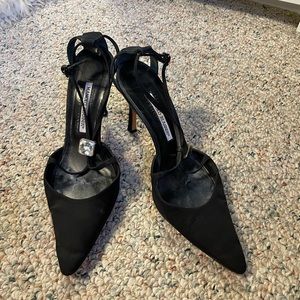 Satin black dress heels 3 inch with crystal rhinestone